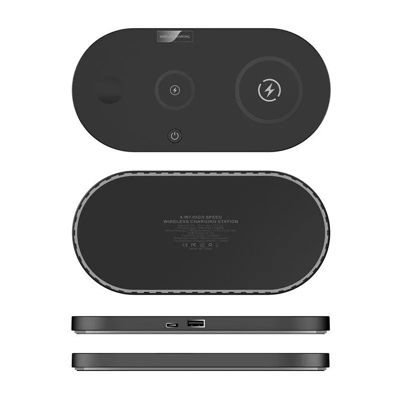 Black and white desktop wireless charger with USB cable and indicator light