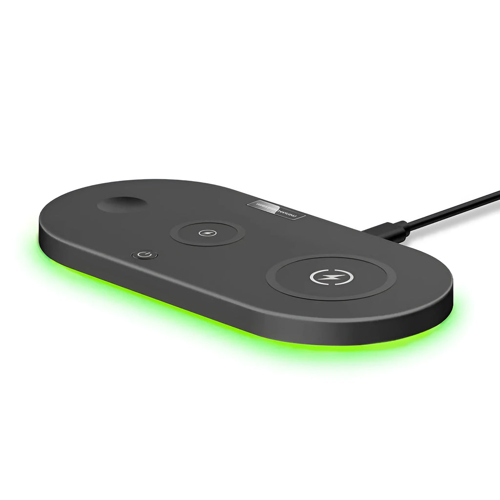 Black and white desktop wireless charger with USB cable and indicator light