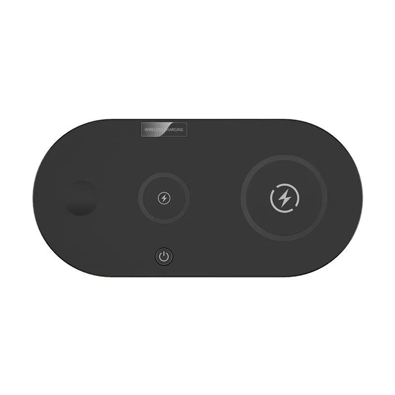 Black and white desktop wireless charger with USB cable and indicator light