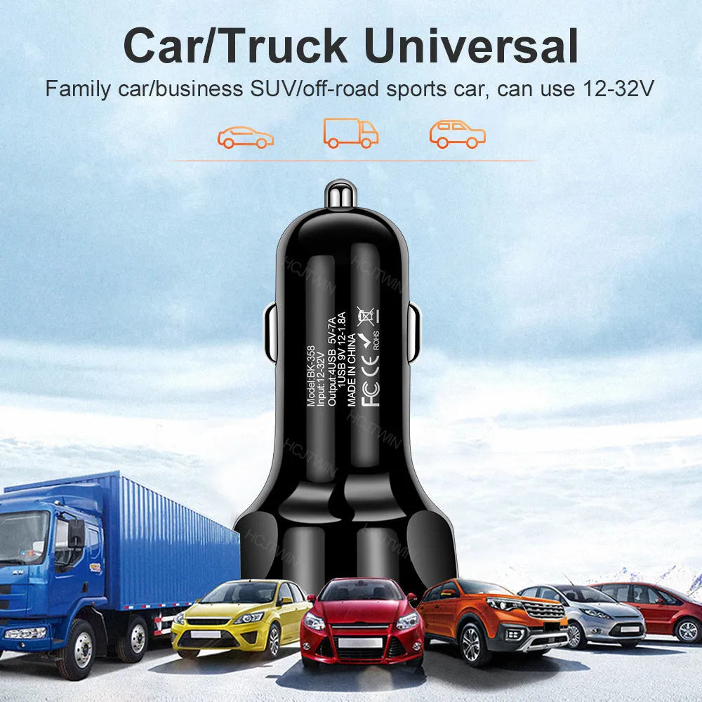 Black 4-port USB car charger with QC3.0 3A fast charging, ABS body, 3.8 x 3.8 x 7 cm