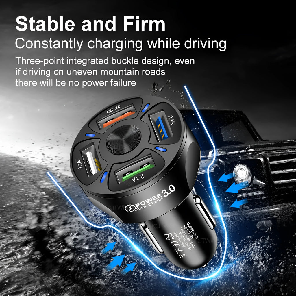 Black 4-port USB car charger with QC3.0 3A fast charging, ABS body, 3.8 x 3.8 x 7 cm