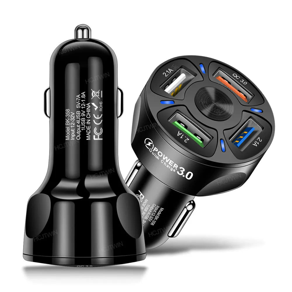 Black 4-port USB car charger with QC3.0 3A fast charging, ABS body, 3.8 x 3.8 x 7 cm