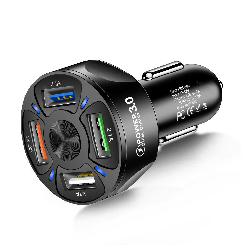 Black 4-port USB car charger with QC3.0 3A fast charging, ABS body, 3.8 x 3.8 x 7 cm