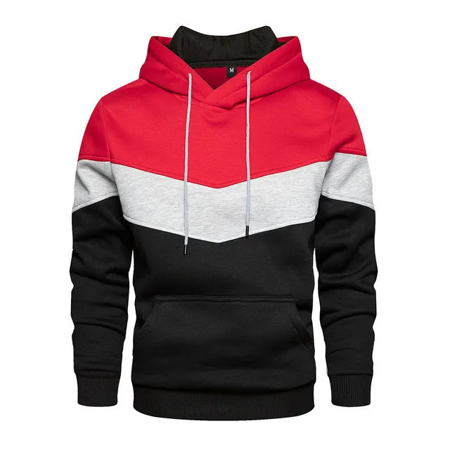 Men's patchwork hooded sweatshirt in blue with a loose fit, long sleeves, and hood.