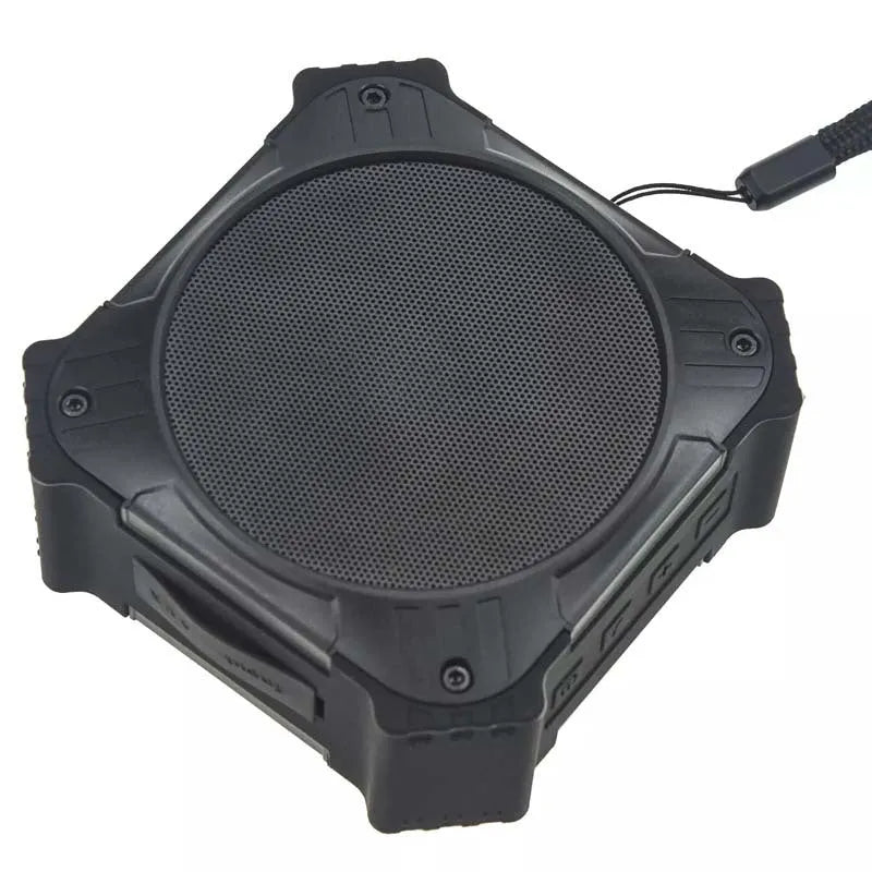 Compact black or blue waterproof portable Bluetooth speaker with wrist strap