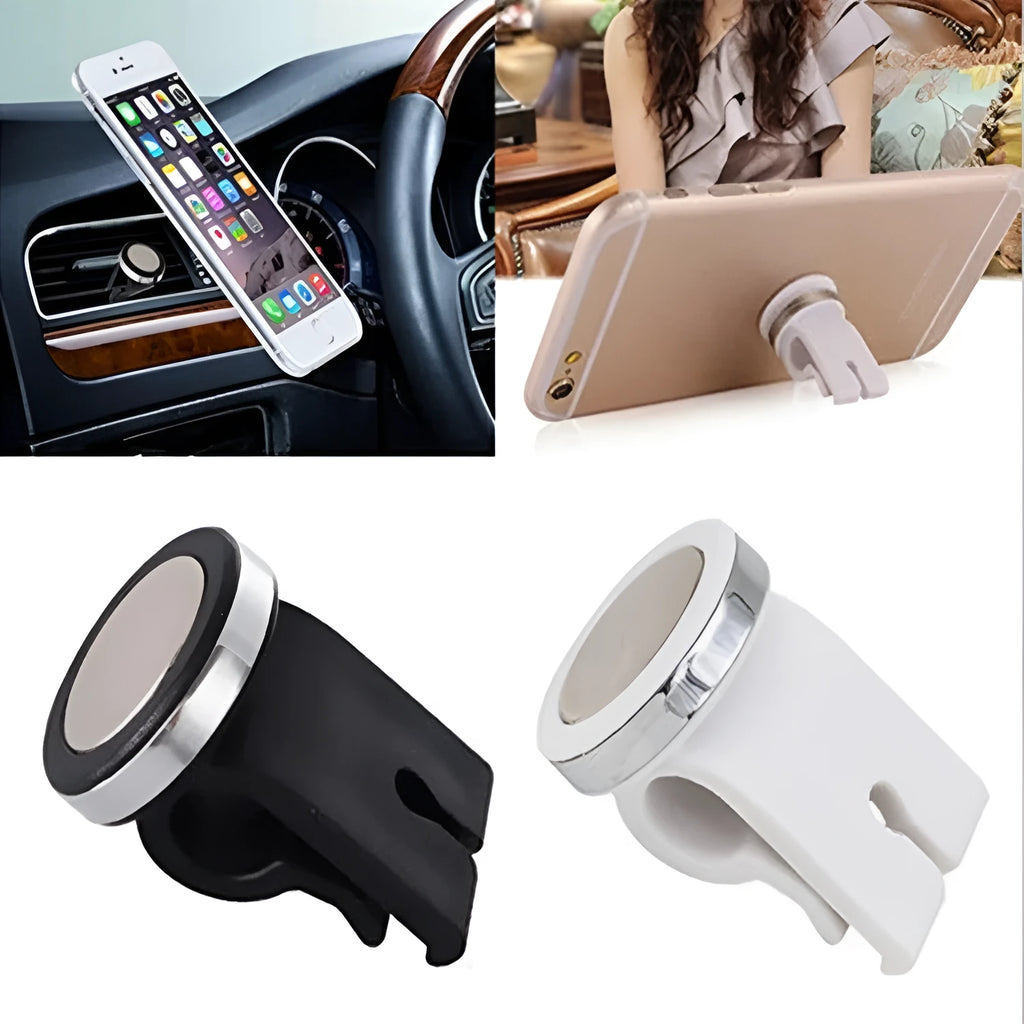 Mini magnetic car phone holder for air outlet in white with ABS build