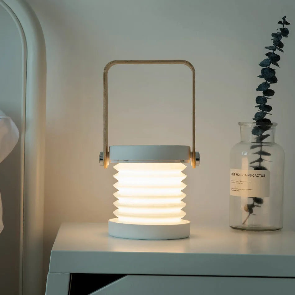 Round USB charging night light with wooden lamp holder, touch switch, warm light, 190x140x38mm, in white or grey