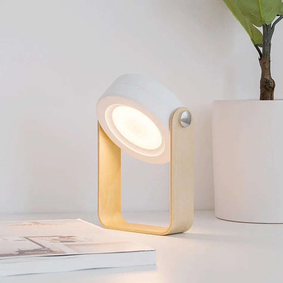 Round USB charging night light with wooden lamp holder, touch switch, warm light, 190x140x38mm, in white or grey