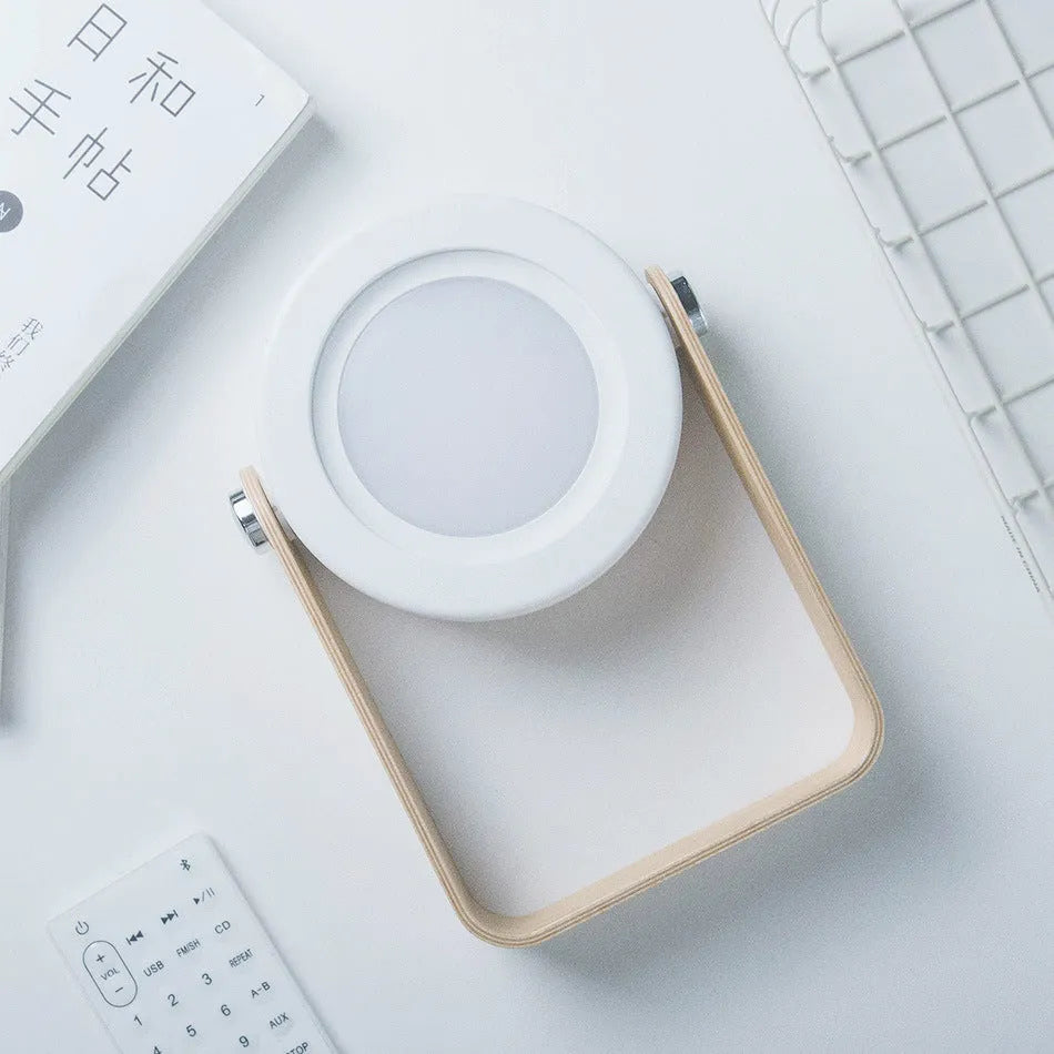 Round USB charging night light with wooden lamp holder, touch switch, warm light, 190x140x38mm, in white or grey