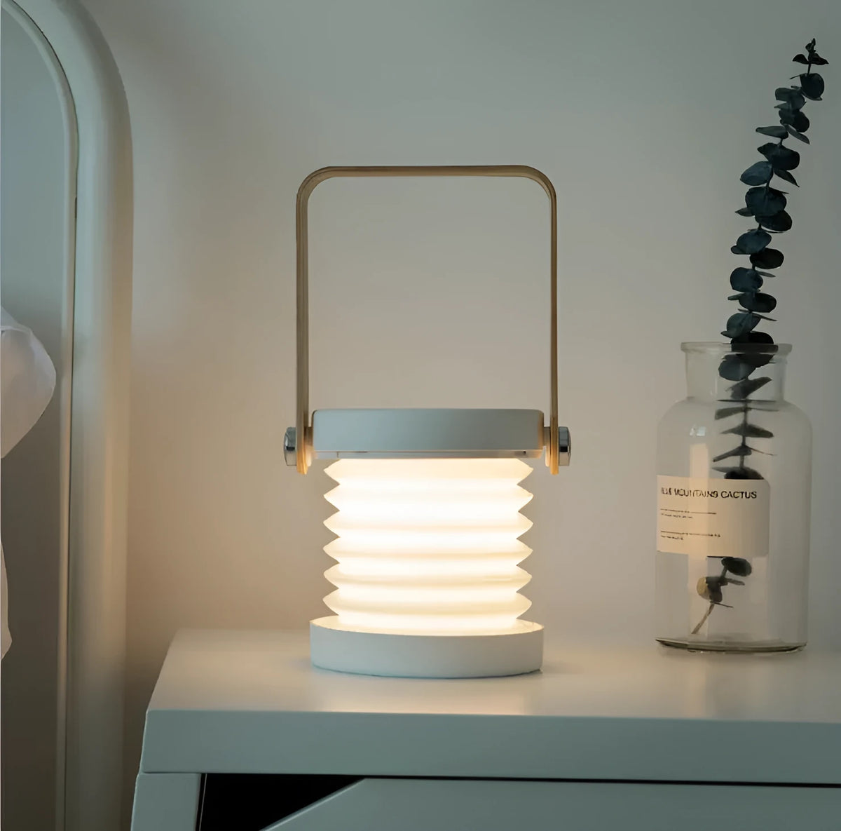 Round USB charging night light with wooden lamp holder, touch switch, warm light, 190x140x38mm, in white or grey