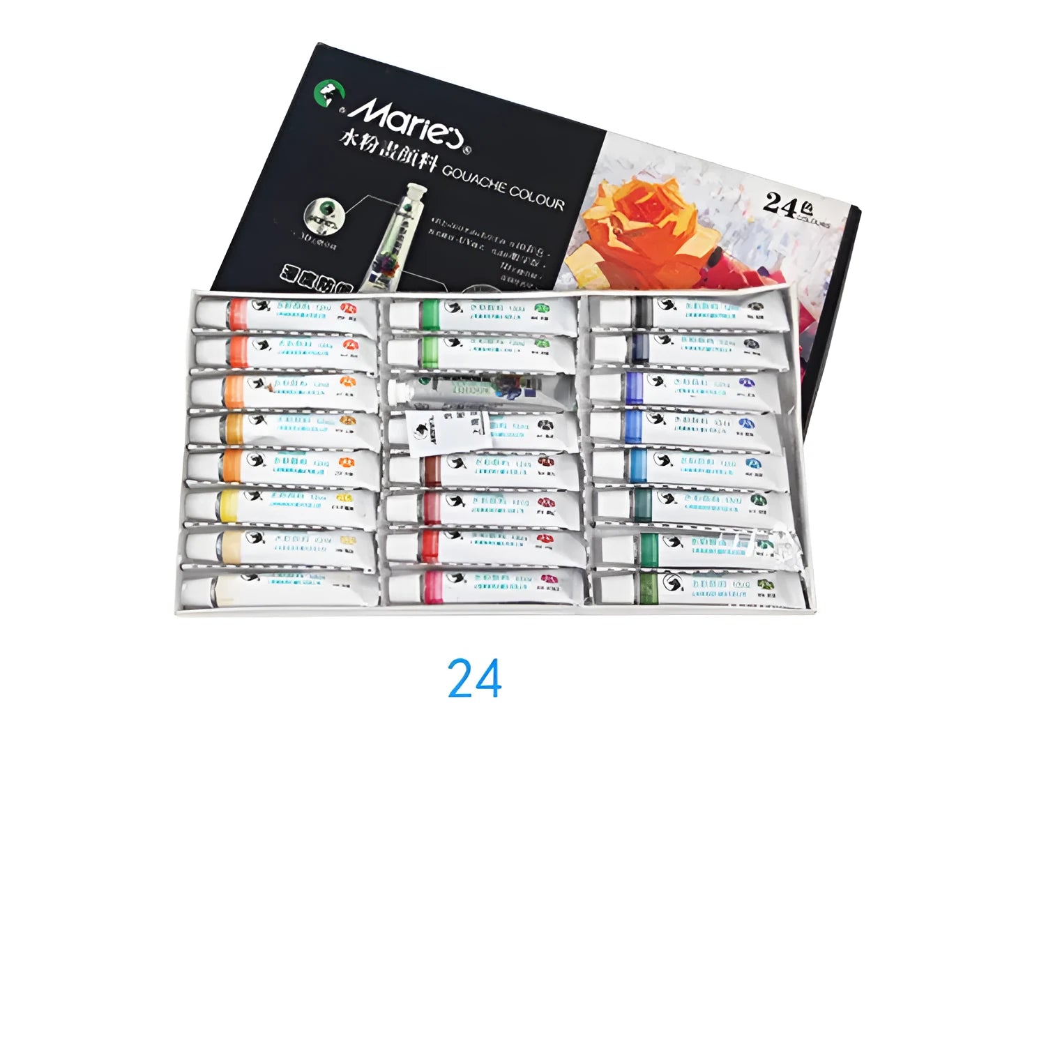 Boxed set of Marley gouache paint tubes in 12ml size, showing multiple colour options