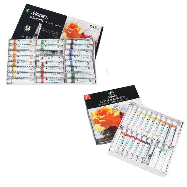 Boxed set of Marley gouache paint tubes in 12ml size, showing multiple colour options