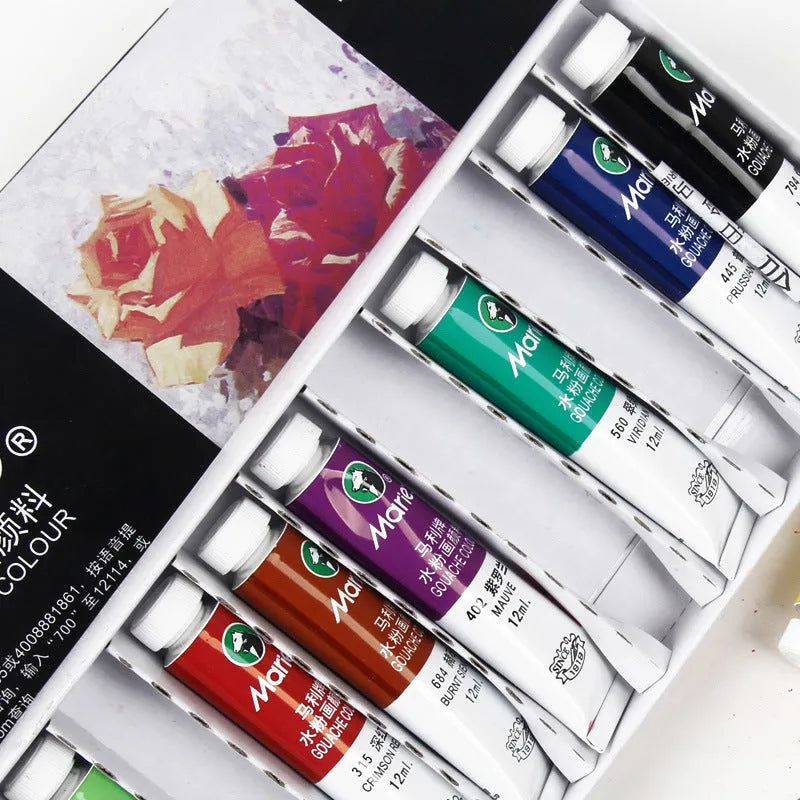 Boxed set of Marley gouache paint tubes in 12ml size, showing multiple colour options