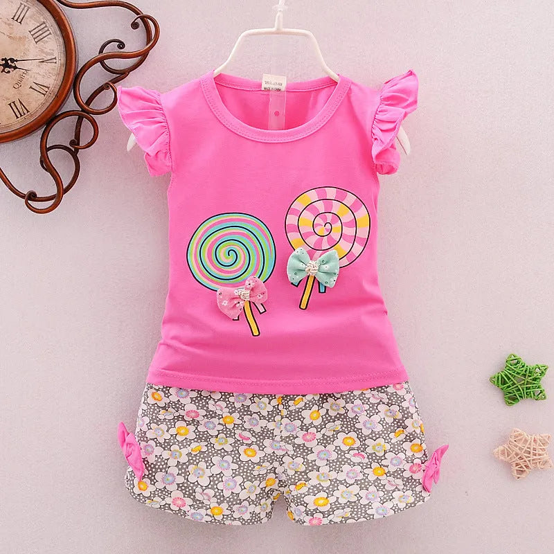 Girls cotton two-piece sleeveless top and shorts set, Korean style, 95% cotton, pink colour, size for toddlers 70-100cm