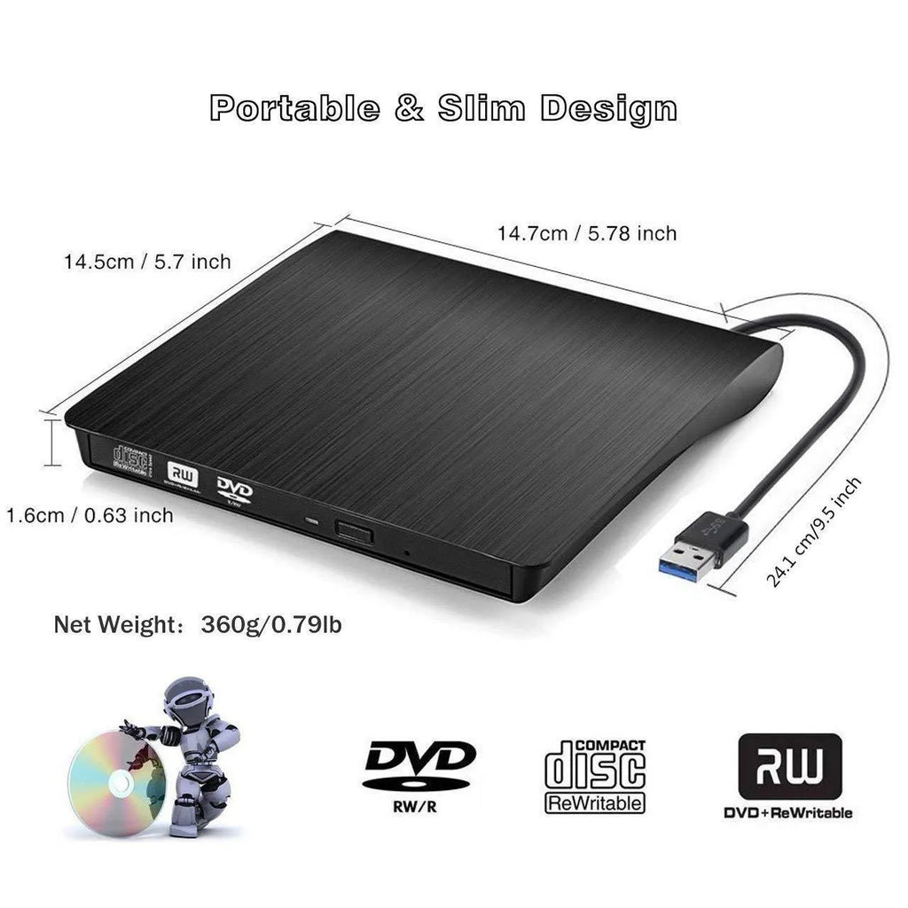 Black external USB DVD burner for laptop and notebook, 138x135x39mm, 24X read speed