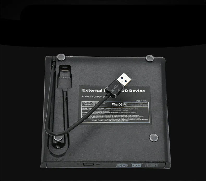 Black external USB DVD burner for laptop and notebook, 138x135x39mm, 24X read speed
