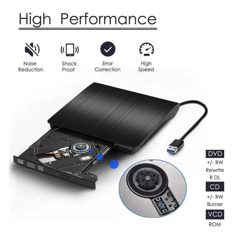 Black external USB DVD burner for laptop and notebook, 138x135x39mm, 24X read speed