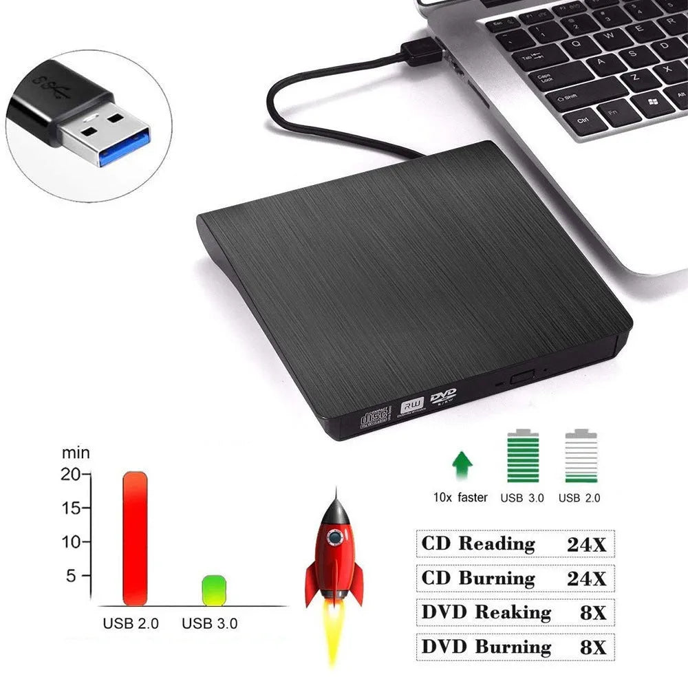 Black external USB DVD burner for laptop and notebook, 138x135x39mm, 24X read speed