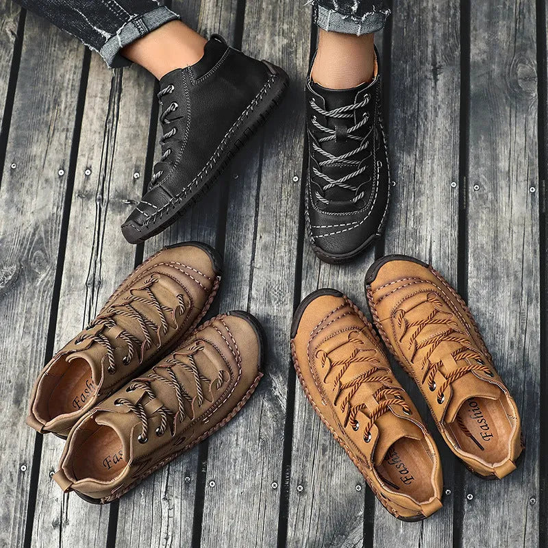 Men's casual hand-stitched cowhide leather Martin boots low-top tooling shoes in black with front tie closure