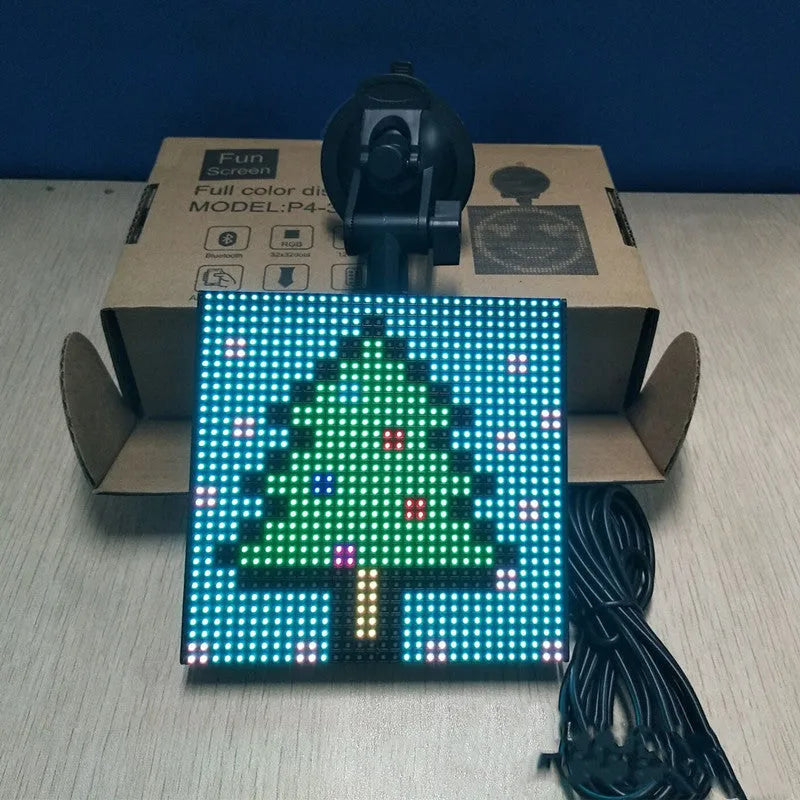 Full-colour 32x32 pixel Bluetooth car LED display showing a smiley face in horizontal scroll mode