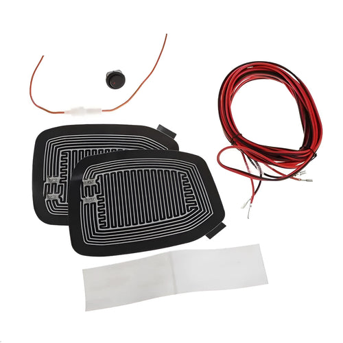 12V car side mirror heated defogger pad set with two black pads, adhesive tape, switch, and cable
