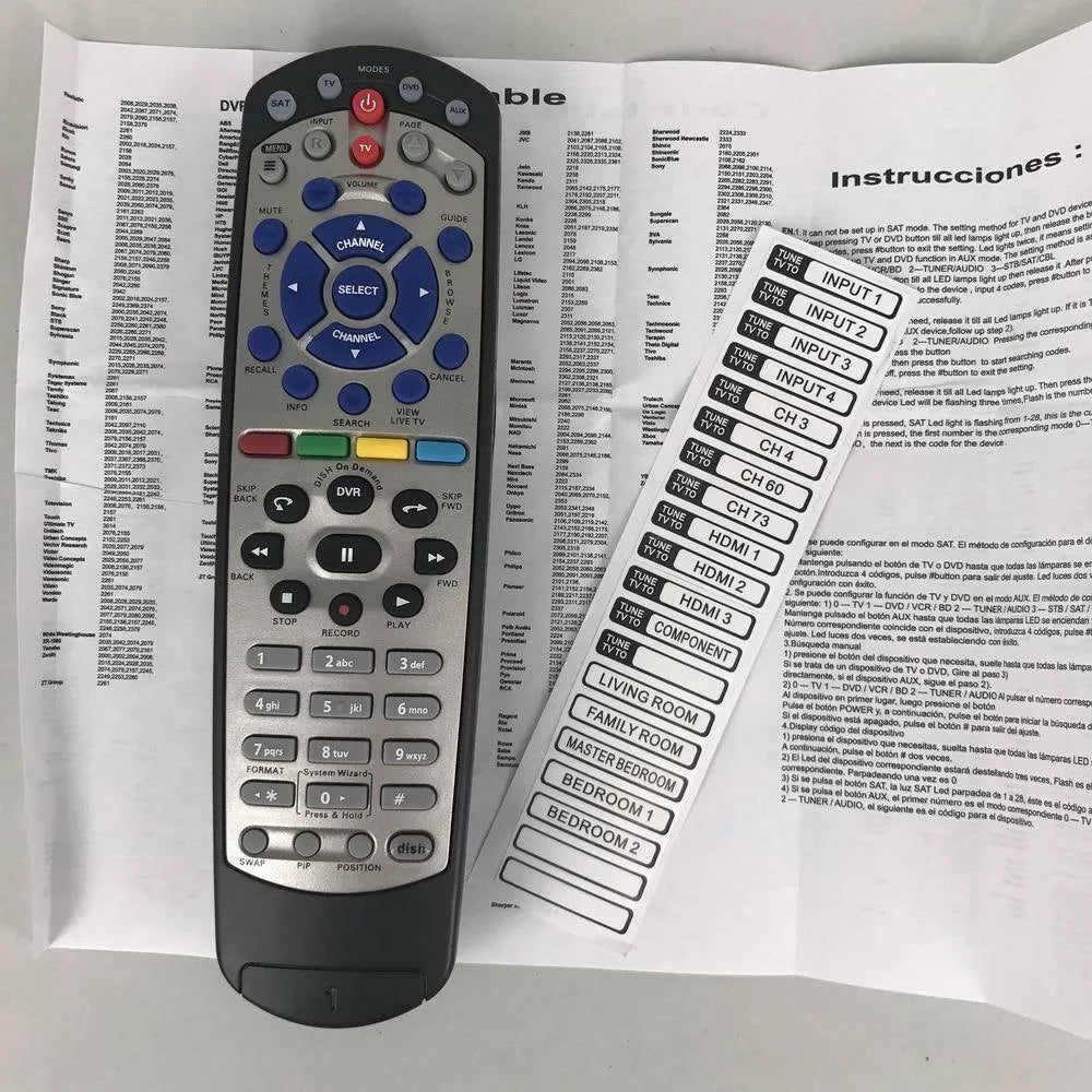 Black flat DISH Network universal remote control compatible with code 20.1 and SAT VIP models.