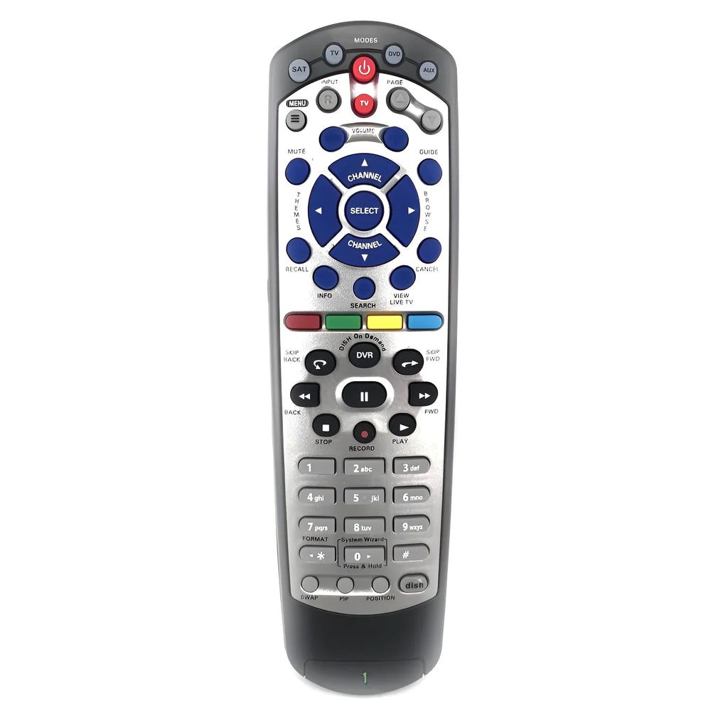Black flat DISH Network universal remote control compatible with code 20.1 and SAT VIP models.