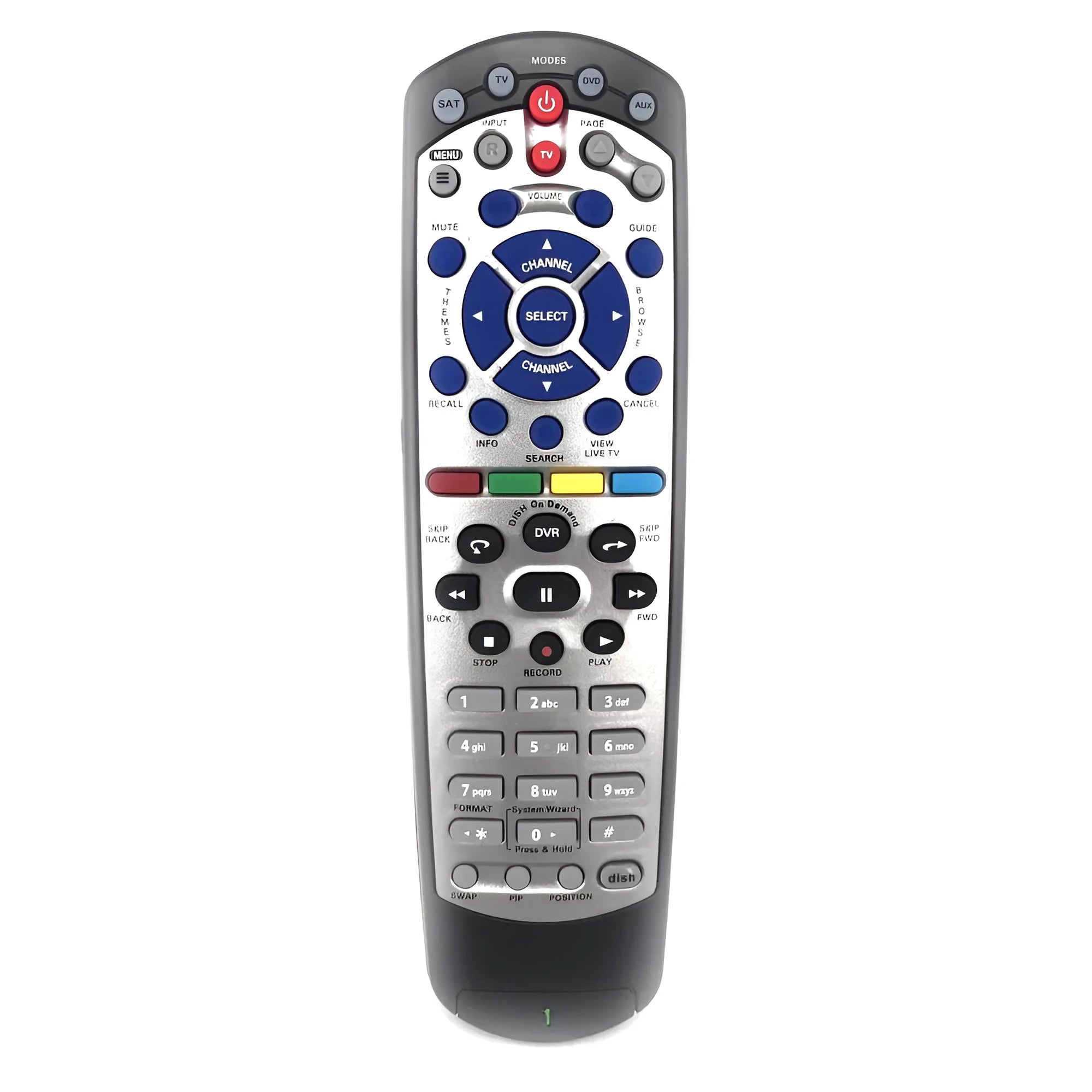 Black flat DISH Network universal remote control compatible with code 20.1 and SAT VIP models.