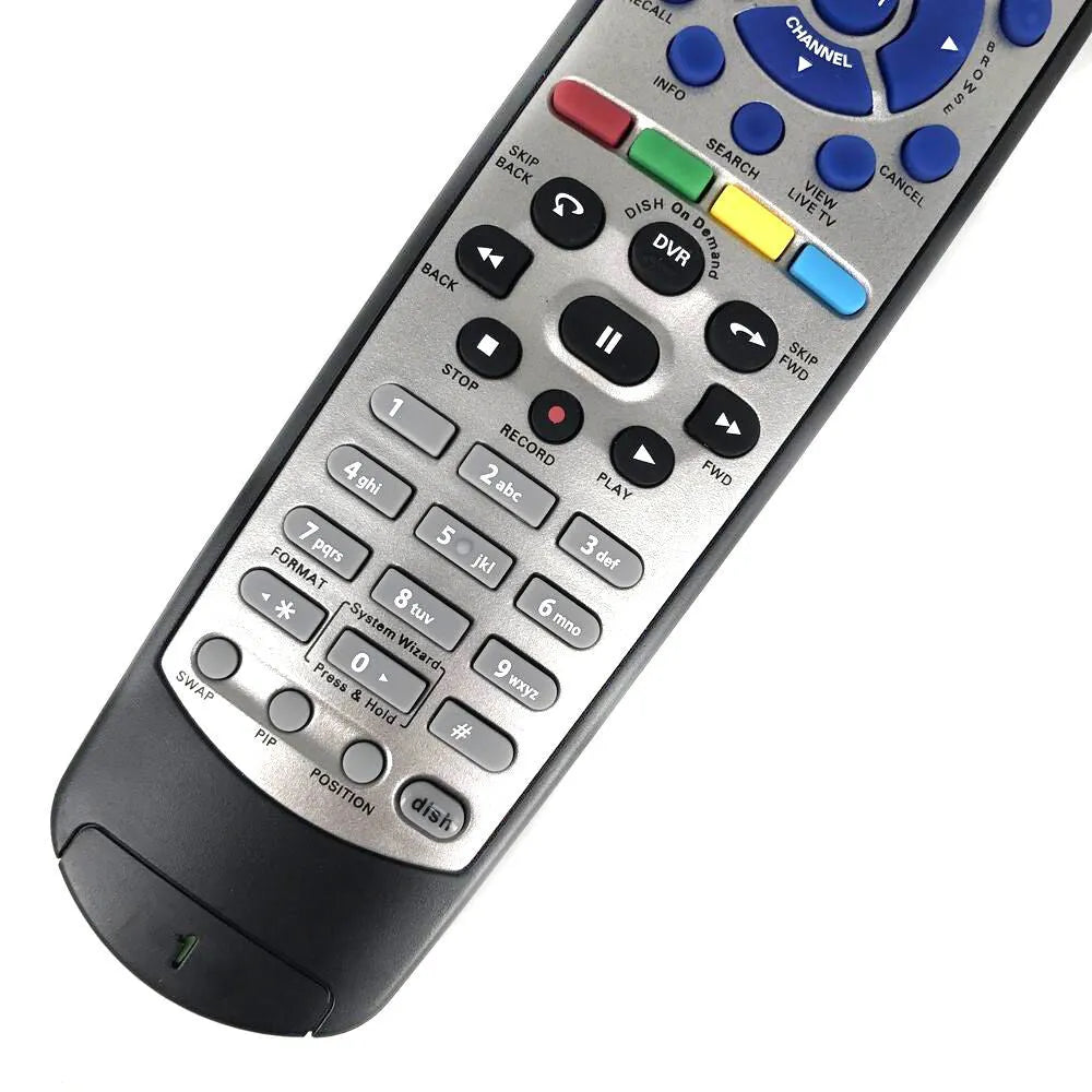Black flat DISH Network universal remote control compatible with code 20.1 and SAT VIP models.