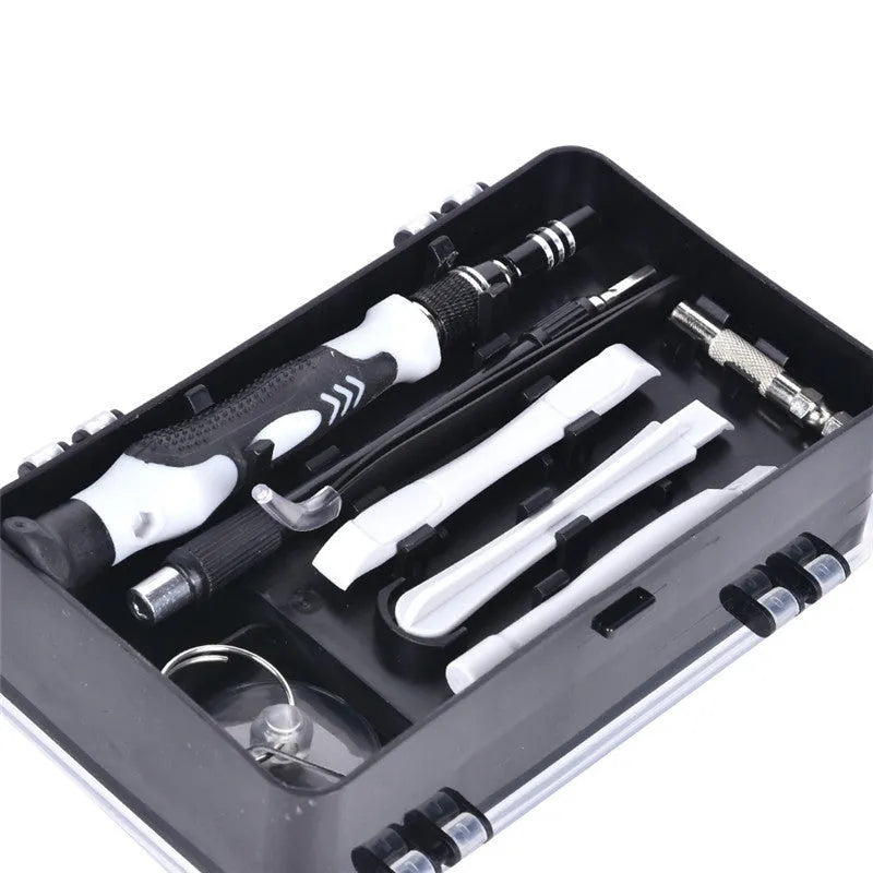 117 in 1 magnetic screwdriver set with bits, flexible extension, in black, blue, or red case for electronics repair.