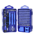 117 in 1 magnetic screwdriver set with bits, flexible extension, in black, blue, or red case for electronics repair.
