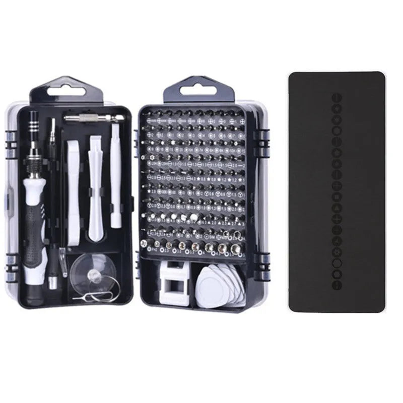 117 in 1 magnetic screwdriver set with bits, flexible extension, in black, blue, or red case for electronics repair.