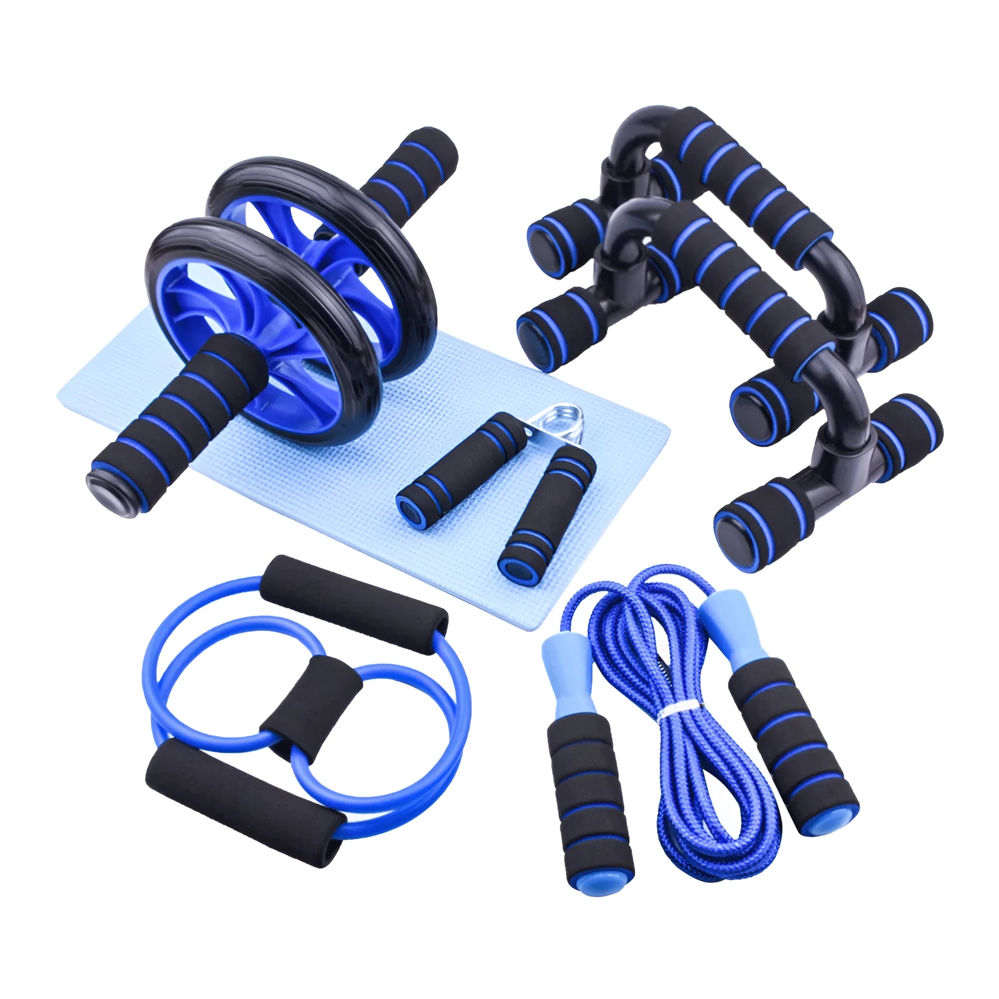 Multifunctional 6-piece abdominal wheel set with push-up bars, hand grippers, knee pad, and rope in blue colour
