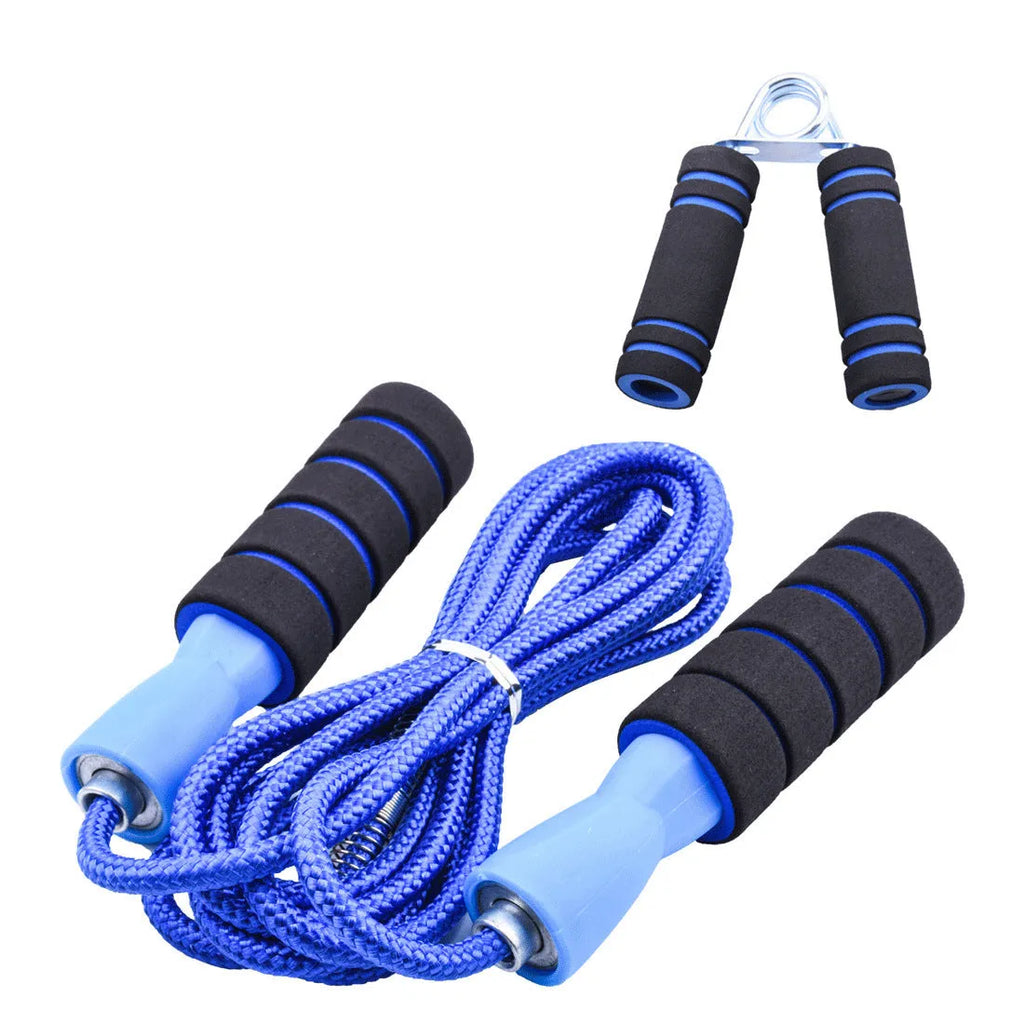 Multifunctional 6-piece abdominal wheel set with push-up bars, hand grippers, knee pad, and rope in blue colour