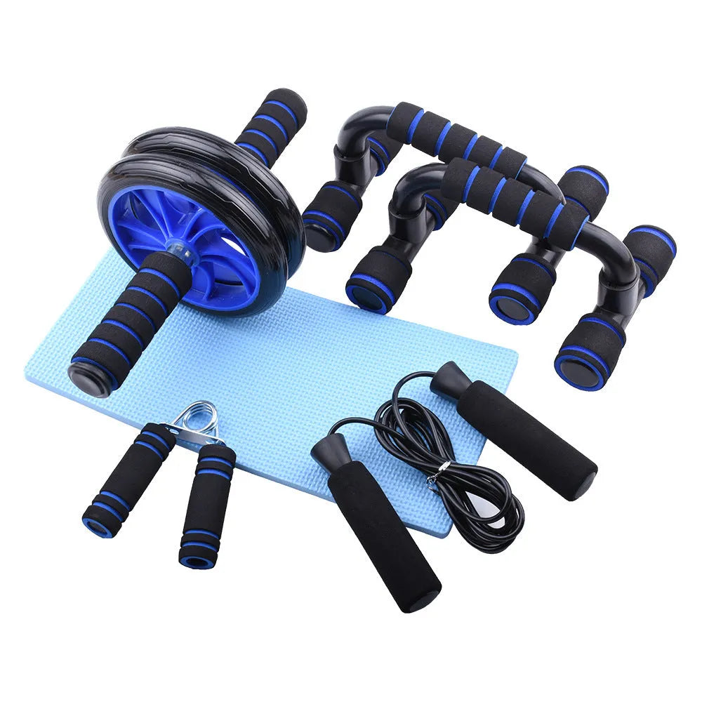 Multifunctional 6-piece abdominal wheel set with push-up bars, hand grippers, knee pad, and rope in blue colour