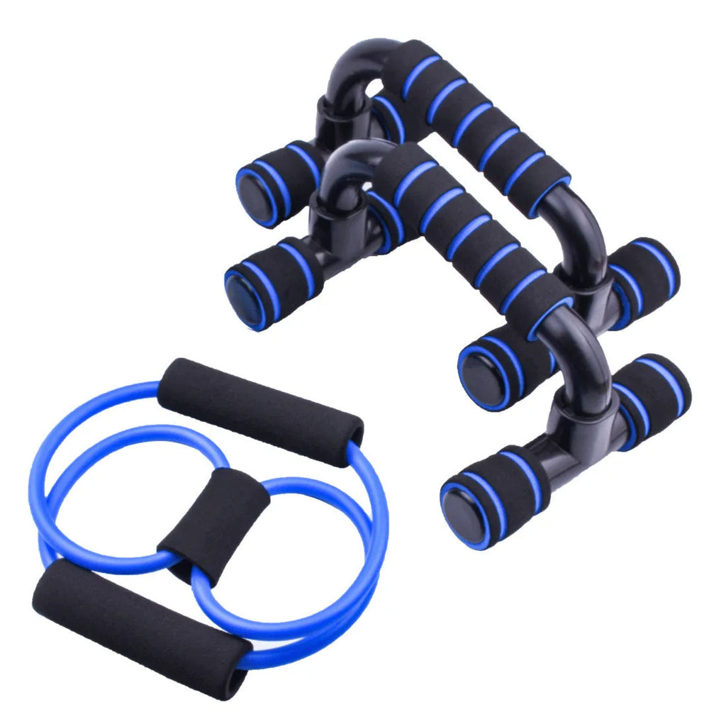 Multifunctional 6-piece abdominal wheel set with push-up bars, hand grippers, knee pad, and rope in blue colour