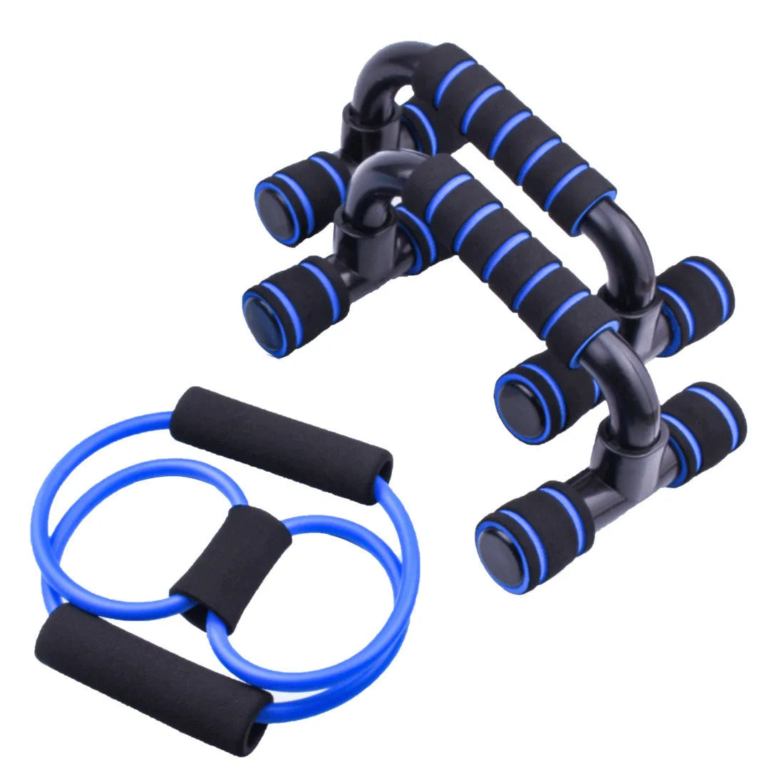 Multifunctional 6-piece abdominal wheel set with push-up bars, hand grippers, knee pad, and rope in blue colour