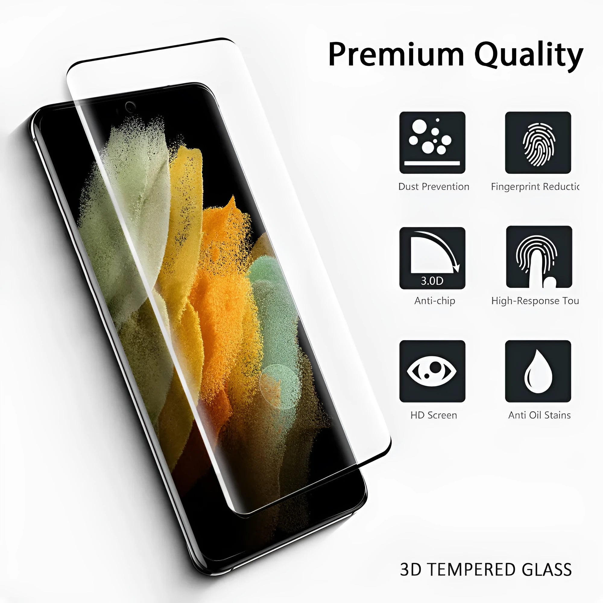 Samsung Galaxy S21 Ultra tempered glass screen protector showing 3D curved edges and clarity.