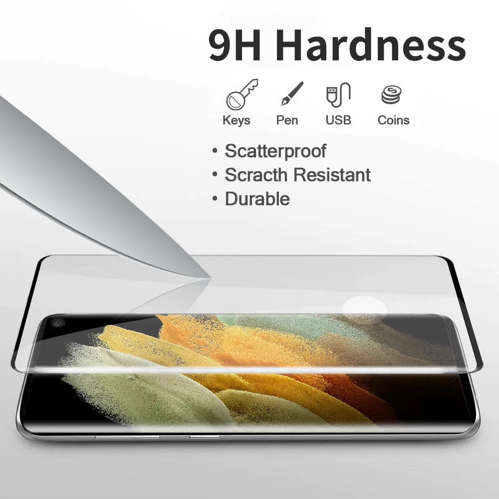 Samsung Galaxy S21 Ultra tempered glass screen protector showing 3D curved edges and clarity.
