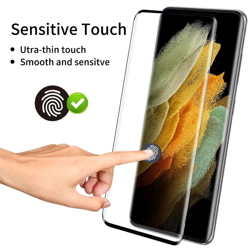 Samsung Galaxy S21 Ultra tempered glass screen protector showing 3D curved edges and clarity.