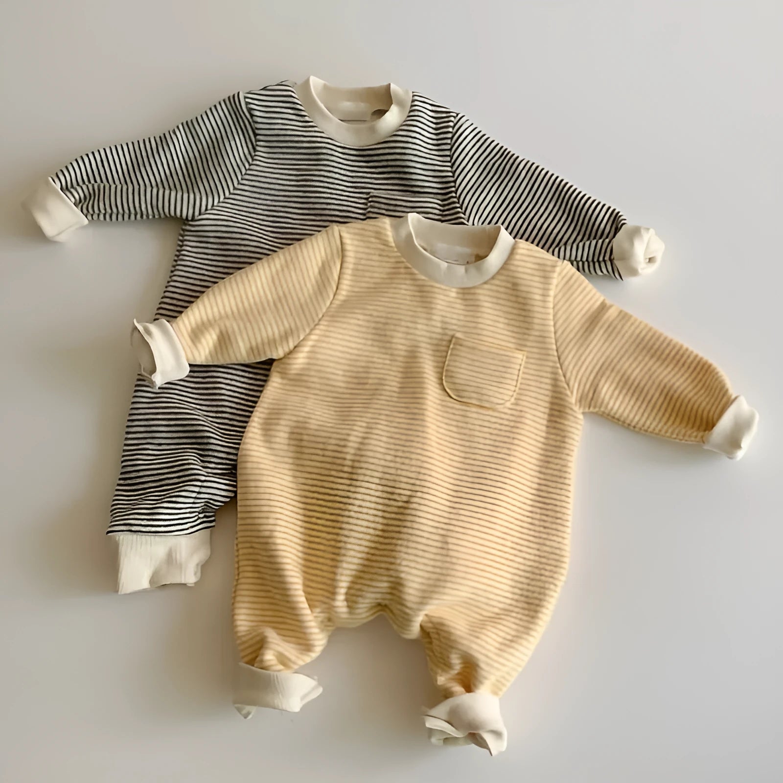Striped cotton baby jumpsuit with long sleeves and hidden buttons for infant winter wear