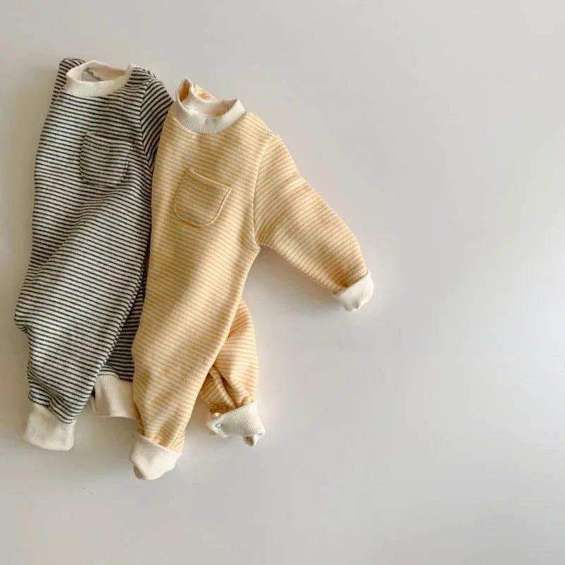 Striped cotton baby jumpsuit with long sleeves and hidden buttons for infant winter wear