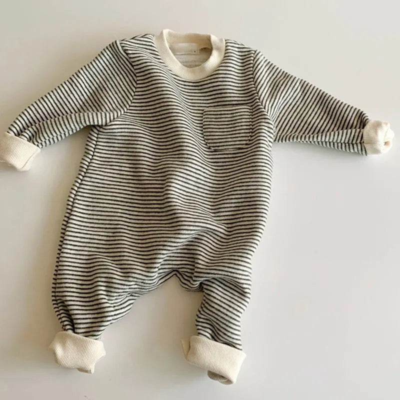 Striped cotton baby jumpsuit with long sleeves and hidden buttons for infant winter wear