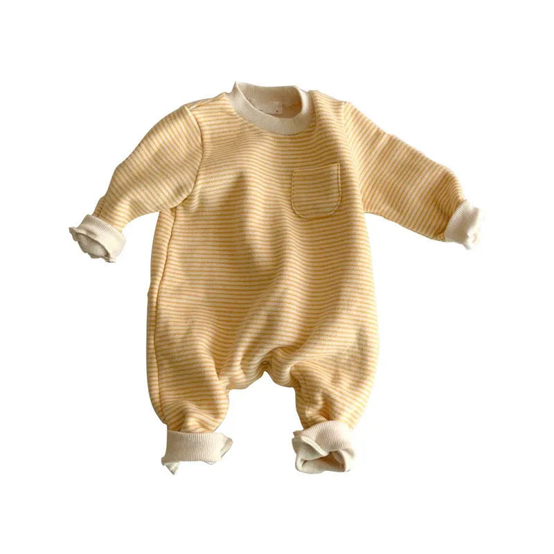 Striped cotton baby jumpsuit with long sleeves and hidden buttons for infant winter wear