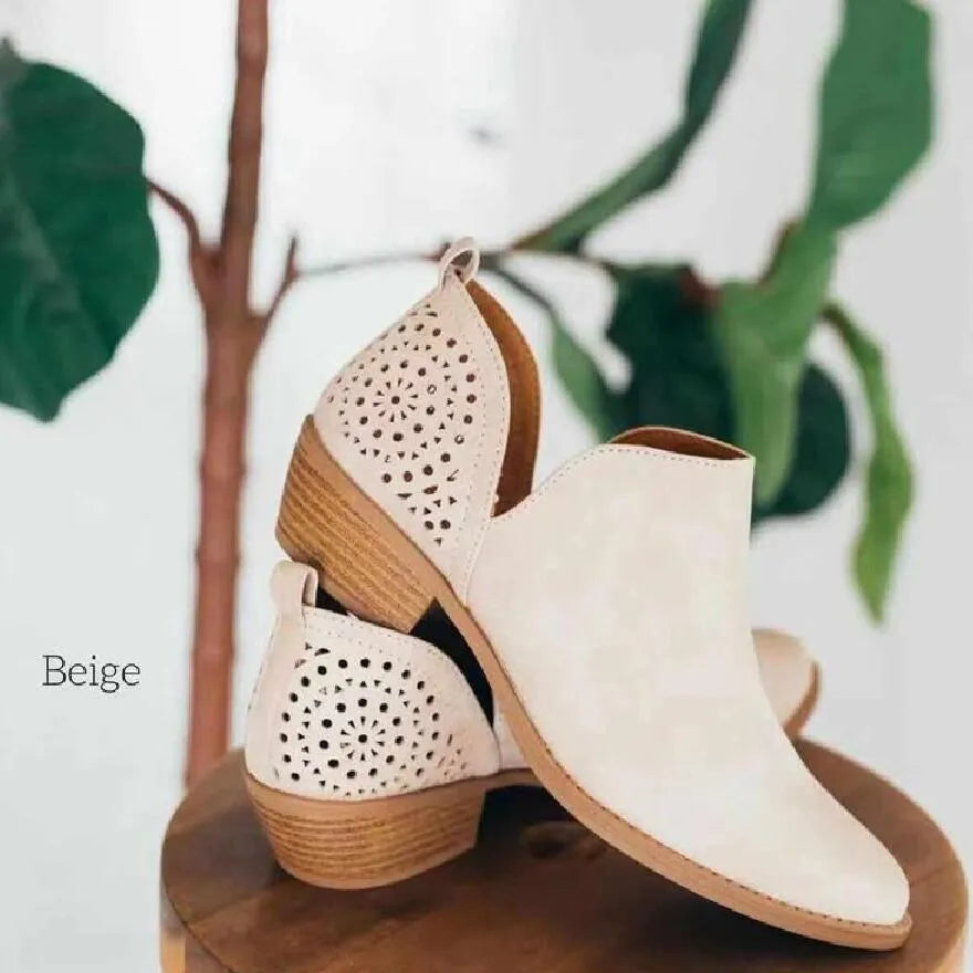 Women beige retro mesh chunky heel ankle boots with cut-out perforated synthetic leather upper, round toe, slip-on style