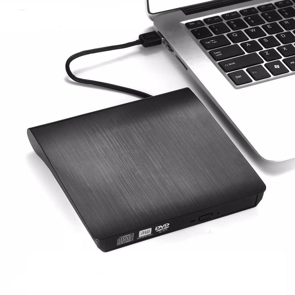 Black external USB DVD burner for laptop and notebook, 138x135x39mm, 24X read speed