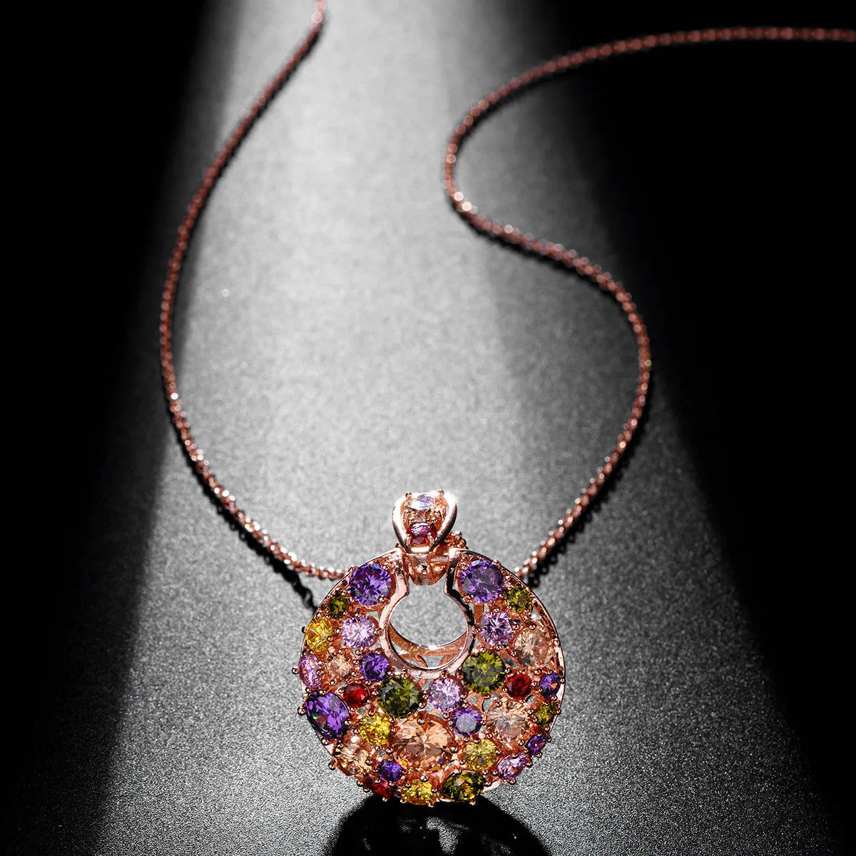 Geometric copper necklace with zircon stones in rose gold finish for women