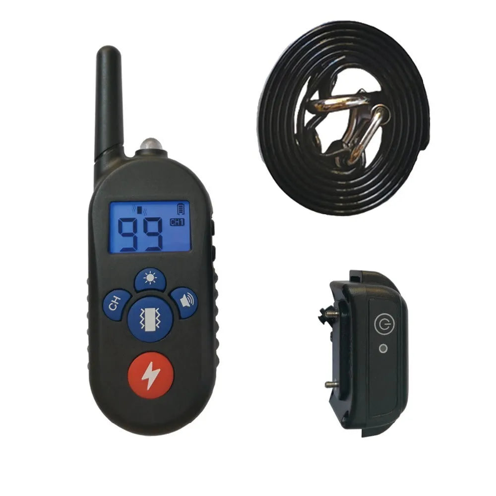 Remote control electric dog training collar with black adjustable strap and receiver on a light background