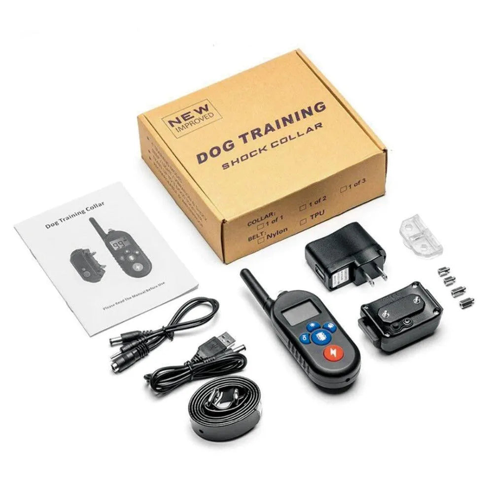 Remote control electric dog training collar with black adjustable strap and receiver on a light background