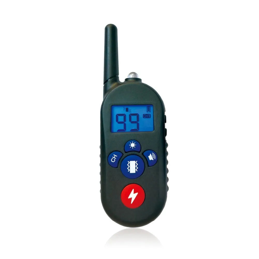 Remote control electric dog training collar with black adjustable strap and receiver on a light background